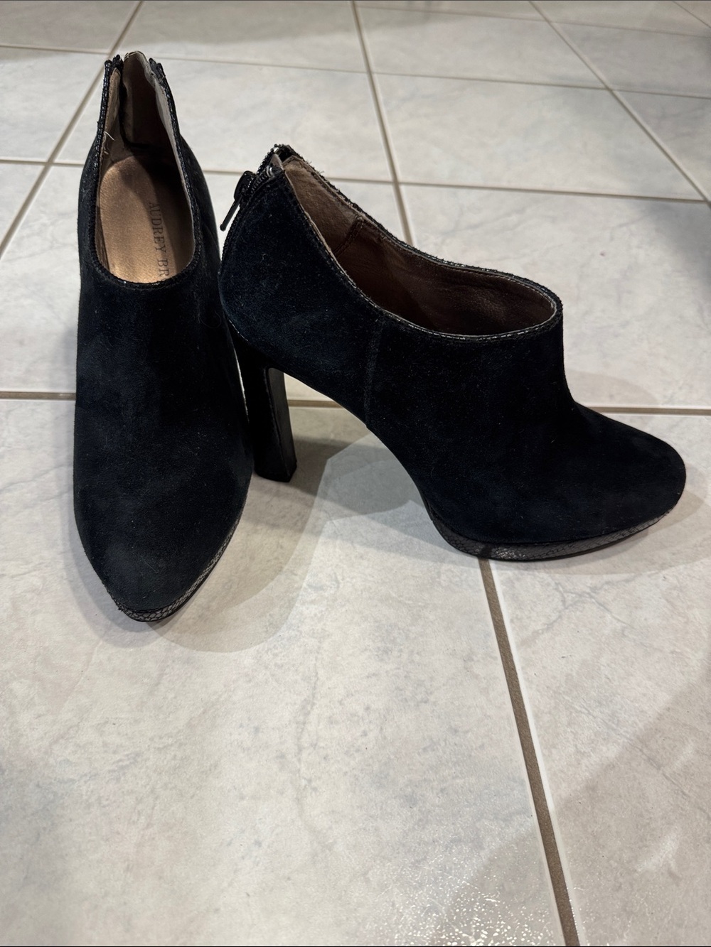 Audrey Brooke Black Suede High Block Heel Ankle Booties